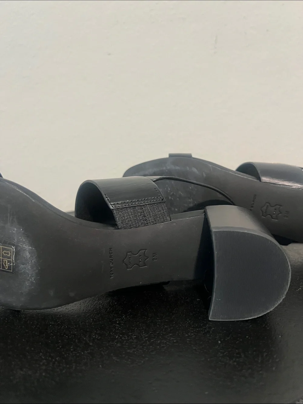 Tory Burch Double T Heel Sandals Black Leather 50mm Block Heel Size 9